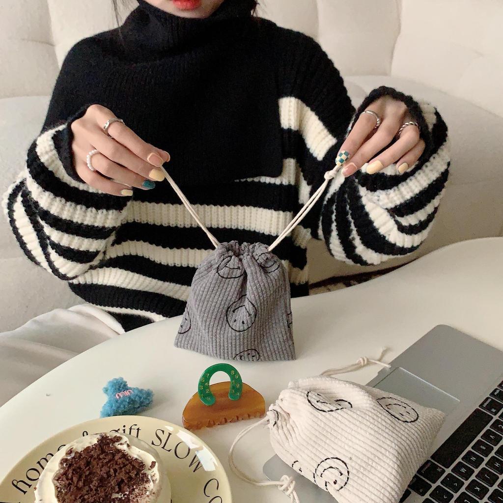 Сумка для хранения косметики и всякой всячины из вельвета в стиле ретро со смайликом на шнурке