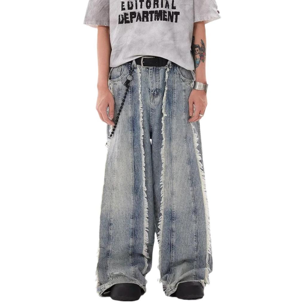 Unisex High-Street Retro Tassel Stitching Wide-Leg Jeans