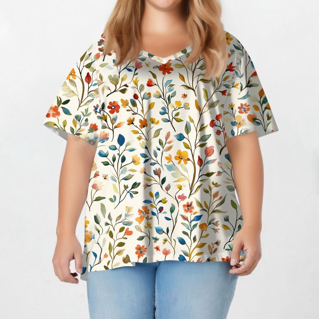 Женская мода повседневная футболка с коротким рукавом и V-образным вырезом большого размера с принтом