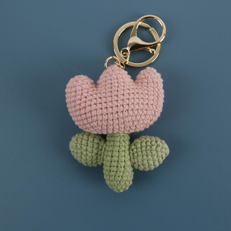 Crochet Tulip Keychain Handwoven Flower Key Ring Girl Backpack Pendant Creative Kintted Flower Gift