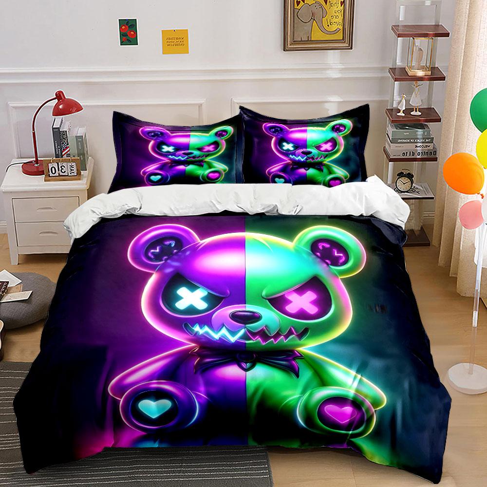 Neon Glowing Bear Plush Art Bedding Duvet Cover Set (1*Duvet Cover 2*Pillowcases, without duvet insert)