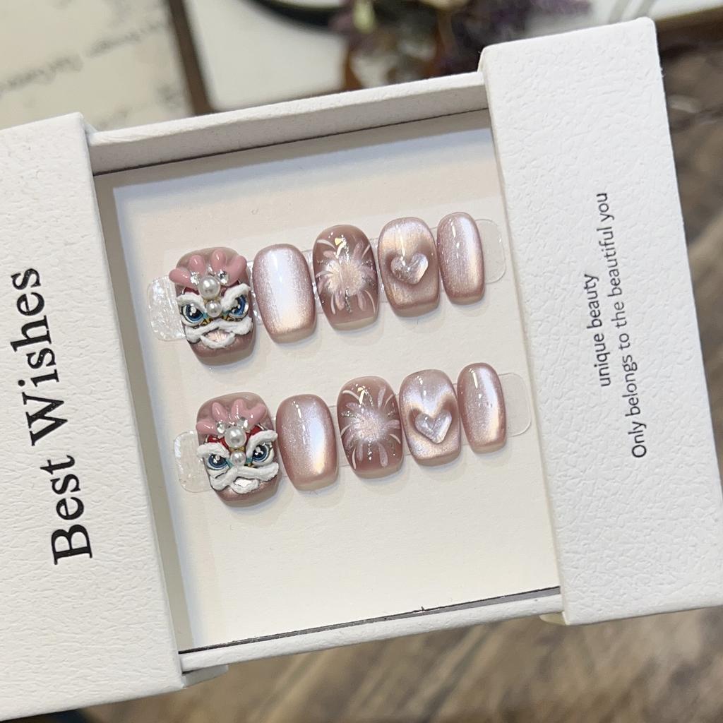 Pure Handmade Short Wear Armor with High-end Cat Eye Nail Art Cute Dragon Horn Lion Fireworks Cat Eye Removable Nail Piece