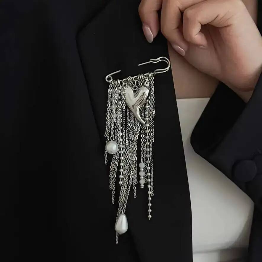 SHIXIN Trendy Charm Metal Heart Brooch Women Hyperbole Silver Color Imitation Pearl MultiLayer Tassel Brooches Jewelry Accessory