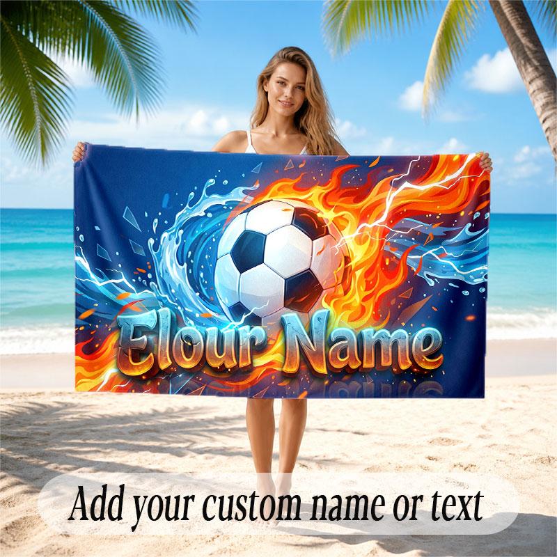 Soccer Theme Beach Towel Personalized Custom Name & Text Soft Quick Dry Beach Towel for Swimming Travel