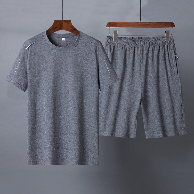 Летний мужской повседневный костюм с короткими рукавами, дышащий, из чистого хлопка, для бега, спортивная одежда больших размеров, комплект из двух предметов