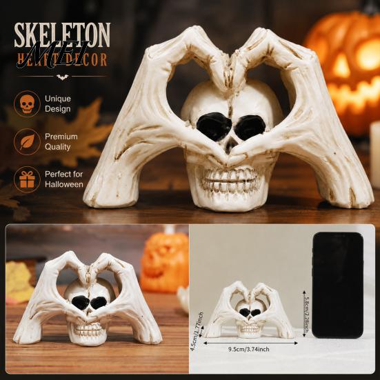 Creative Tricky Festival Gift Gothic Skeleton Hands Heart Sculpture with Skull, Romantic Love Statue, Halloween Unique Haunted House Props Shape