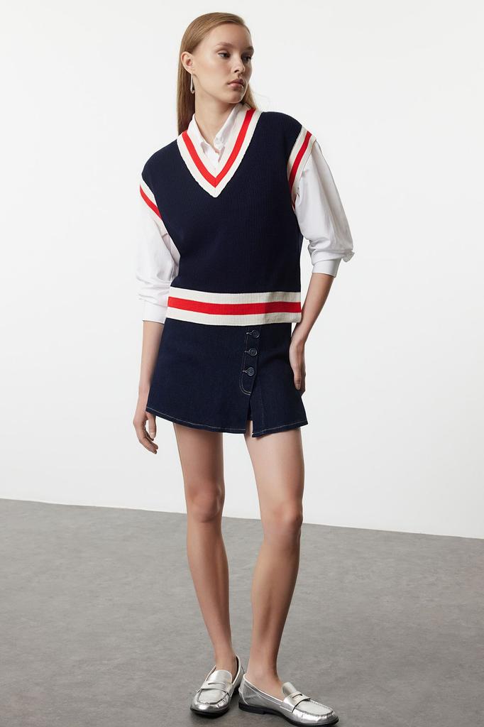 Women's Elegance Style Sweater Navy Blue V-Neck Knitwear Sweater