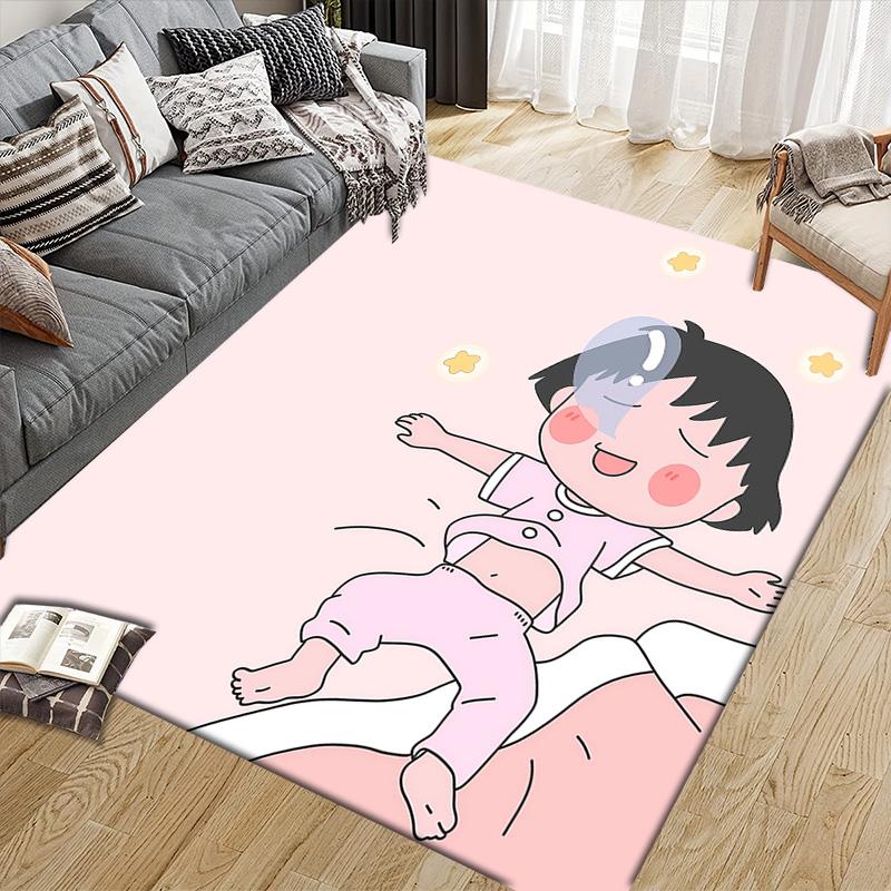 Chibi Maruko‑chan Flannel Pattern Square Carpet,Area Rug,Carpet Rug for Living Room Bedroom Sofa Playroom Decor,Non-slip Floor Mat