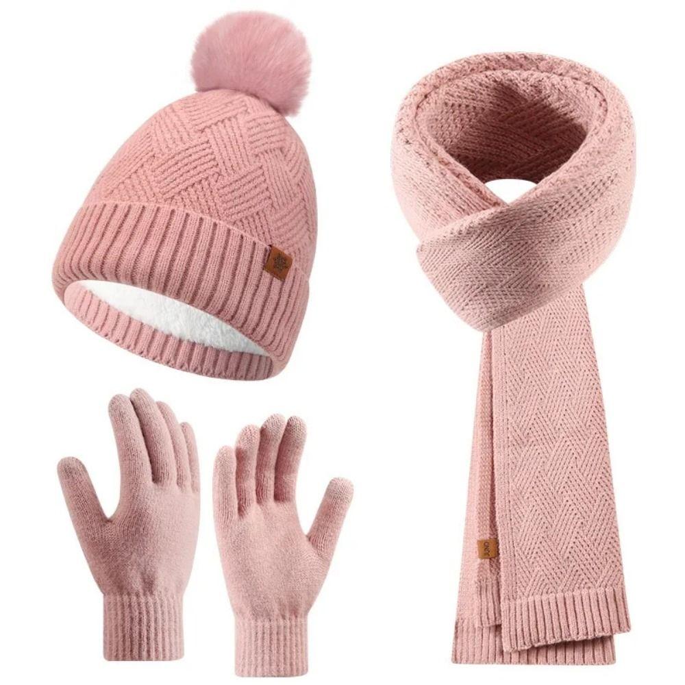3pcs Wool Hat Scarf Gloves Set Solid Color Winter Beanie Hat Neck Warmer Thermal Knit Cap Winter