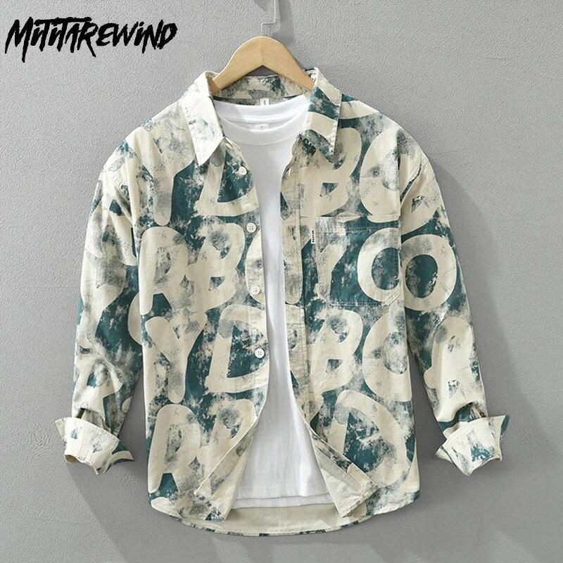 Весенние рубашки с принтом для мужчин, уличная одежда для мальчиков, свободные повседневные топы с длинными рукавами, лацканы, 100% хлопок, мужская одежда