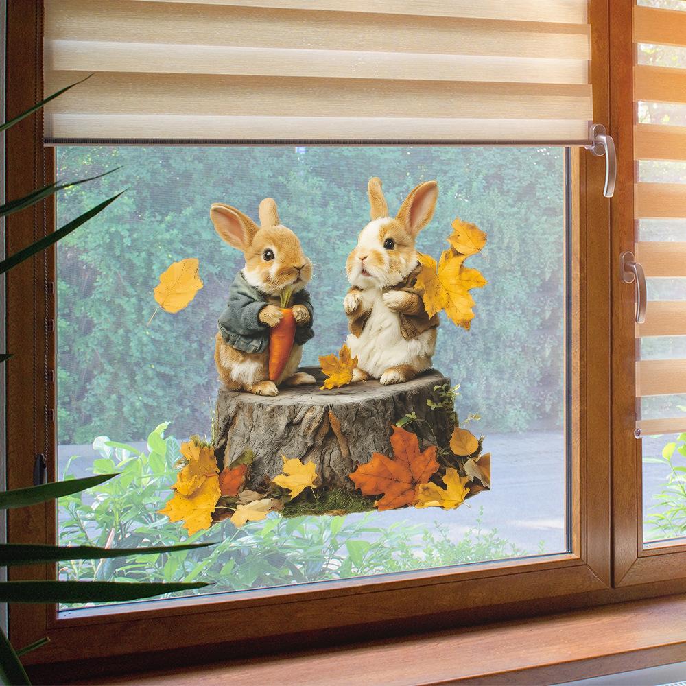 Декоративные наклейки для домашних стеклянных дверей и окон с нарисованными опавшими листьями, кроликами, едящими морковь