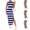 Женское модное платье без рукавов с круглым вырезом и полосатым принтом