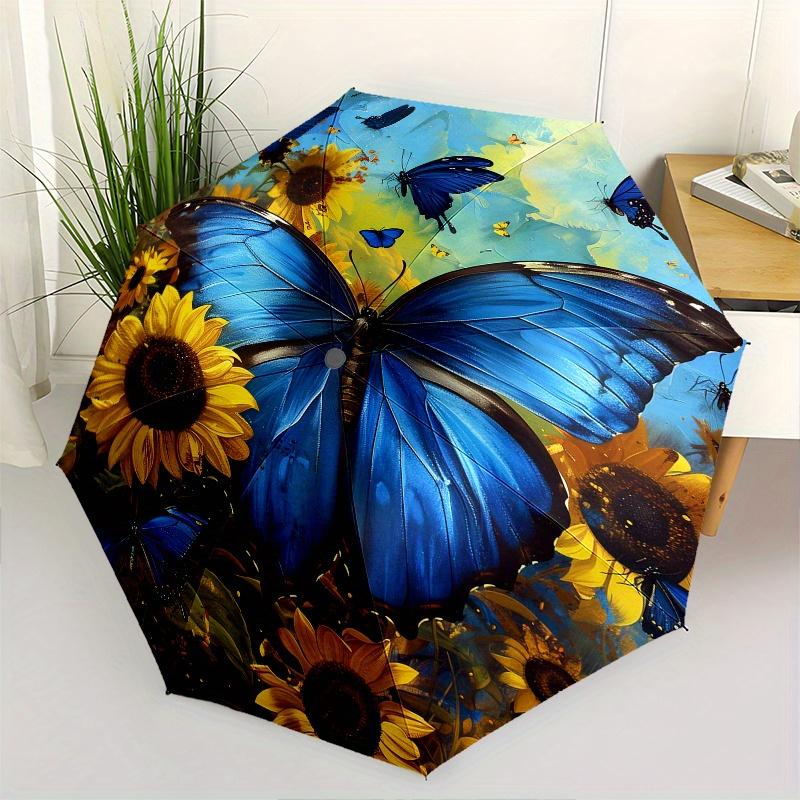 Butterfly Sunflower Theme 8 Bone Hand Automatic Folding Umbrella, Compact and Portable Design, A Perfect Gift for Birthday, Christmas or Bus