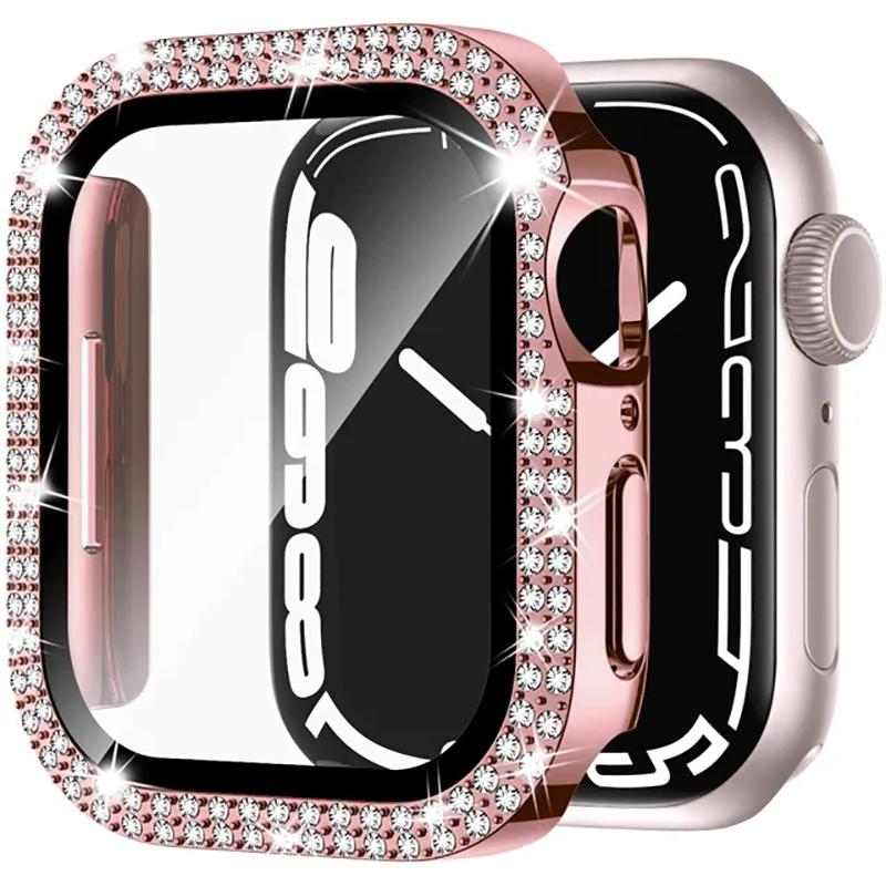 Стеклянный+Алмазный Чехол для корпуса Apple Watch 46 мм 40 мм 44 мм 41 мм 42 мм 45 мм Блестящий Бампер Защита для iWatch Серии 11 10 9 SE 7 8