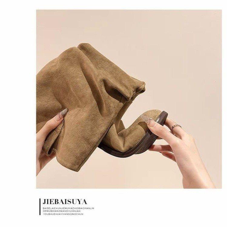 Западные новые плиссированные ковбойские ботинки на высоком каблуке для весны и осени, ботфорты, каблук-столбик 2025, женская красота, ретро, ботинки на толстом каблуке, замша