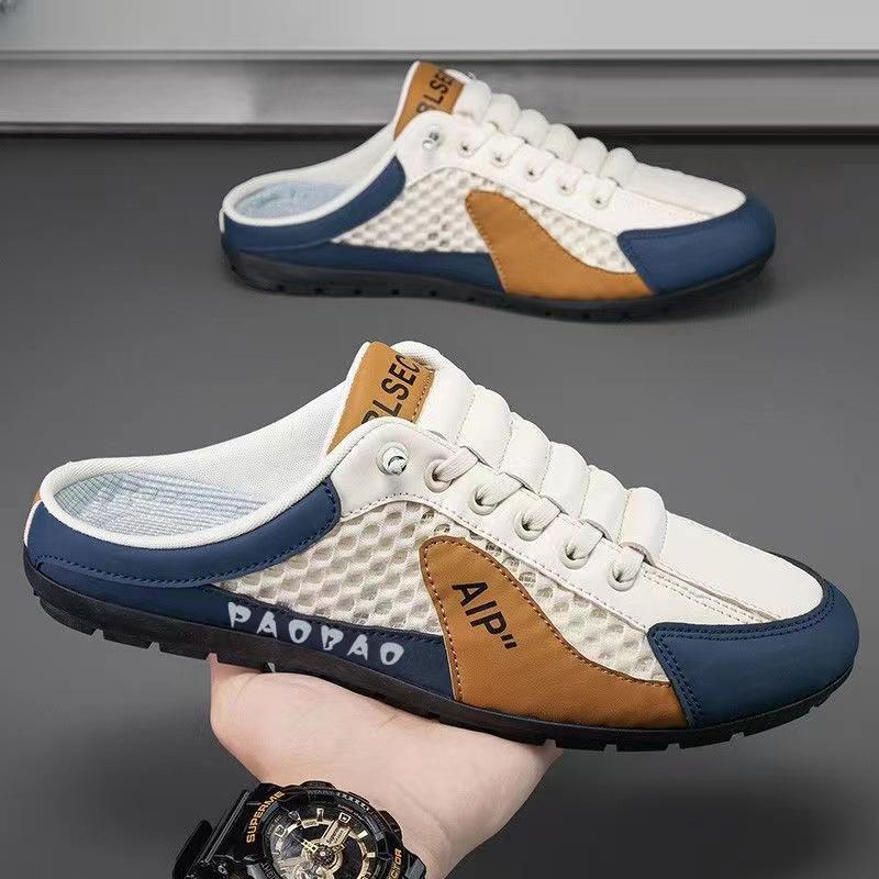 Тапочки мужские летние верхняя одежда дышащая сетка одна педаль полуподдержка без каблука повседневные пляжные сандалии источник