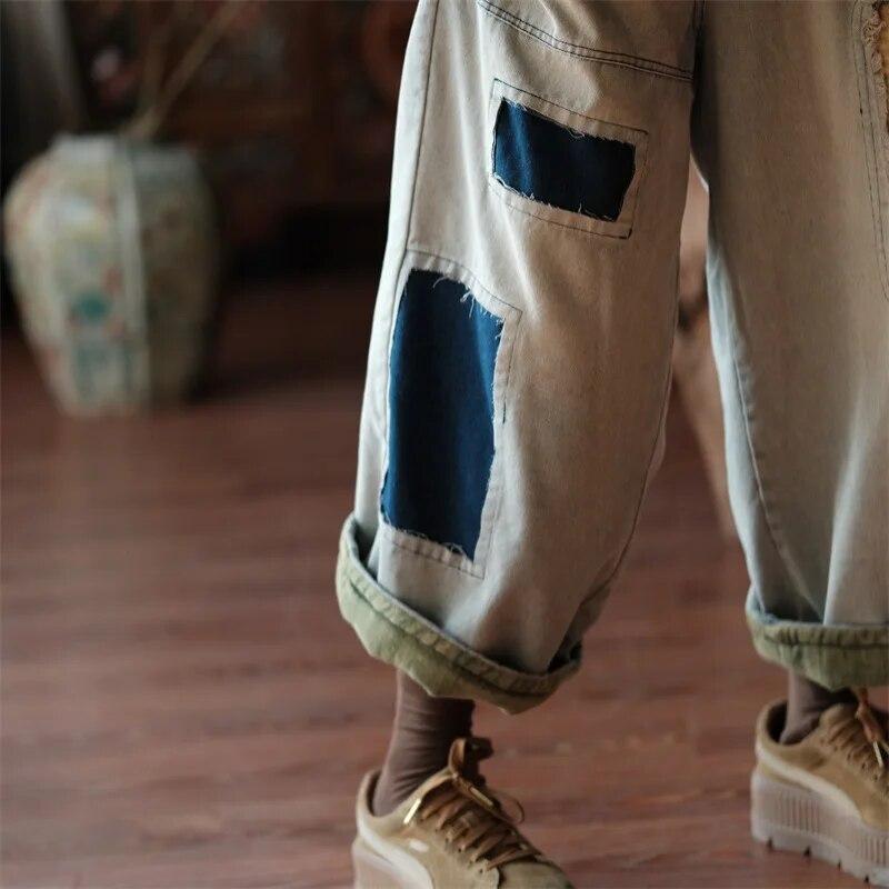 Johnature Женские винтажные джинсовые широкие брюки в стиле пэчворк с нашивками, свободные брюки, зимние эластичные брюки на талии, хлопковые теплые брюки