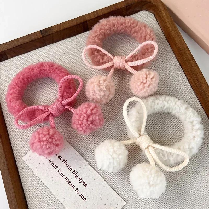 Strawberry Pink Ball Hair Ties Cherry Blossom Bow Scrunchies for Girls Kawaii Ponytail Holders Furry Pompoms Hair Accessorie