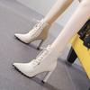 Pointed Short Boots Women's 2025 New White High Heels Women's Thick Heel Thin Lace-up Martin Boots Ins Tide