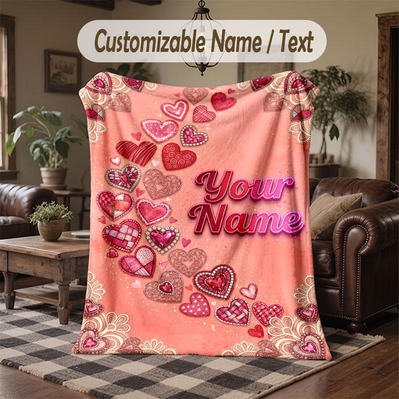 Love Hearts Theme Throw Blanket Custom Name Text Personalized Blanket Soft Cozy Blanket for Home Sofa Bed