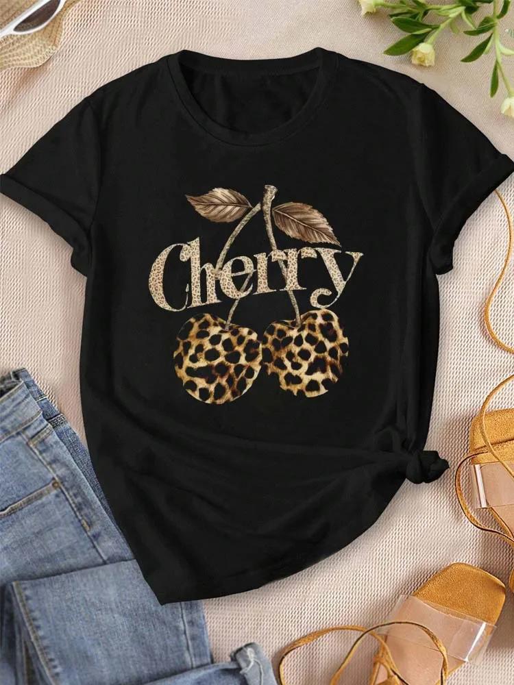 Women's T-shirt Leopard Cherry Printed Casual Fashion Short Sleeve T-shirt Soft Comfortable Summer Casual Women Clothing