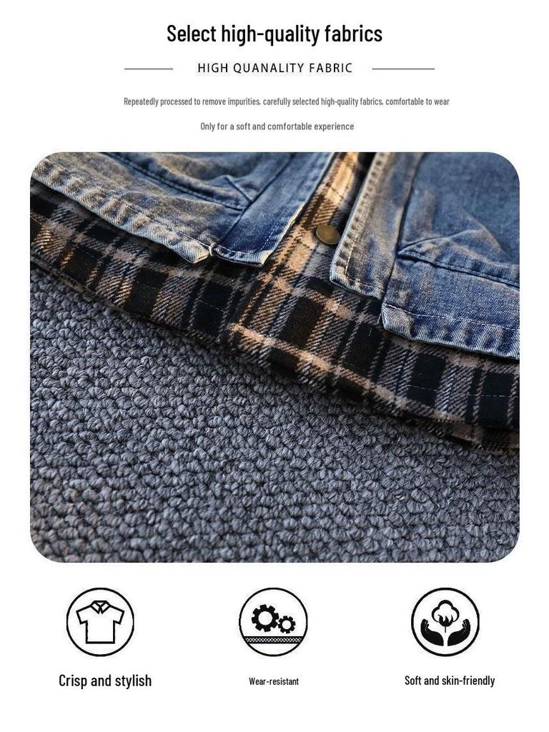 Модная мужская джинсовая куртка с клетчатыми вставками 2025 - Имитация двубортной куртки с отложным воротником для весны и осени