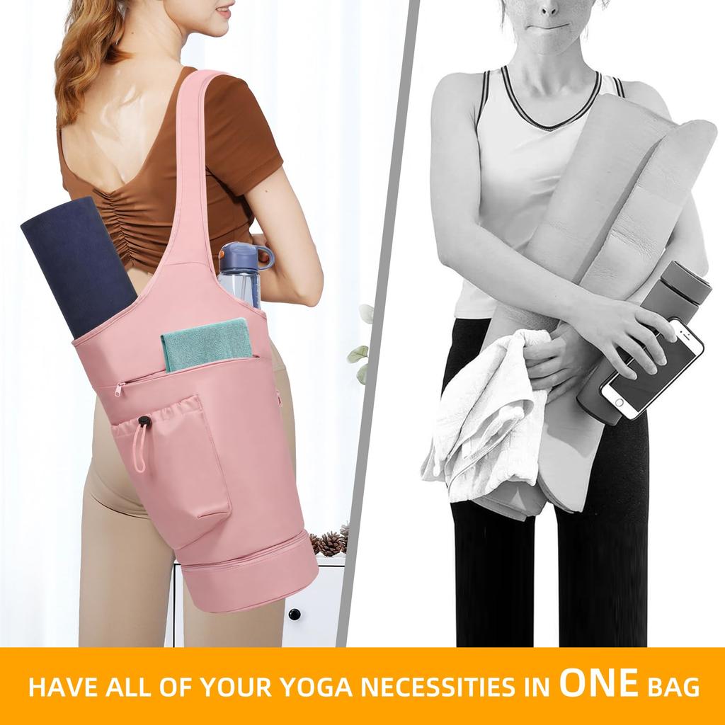 Yoga Mat Carrier Bag Large Opening Polyester Gym Bag with Waterproof Pocket and Drawstring Water Bottle Holder