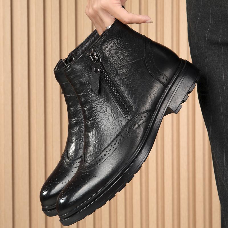 Мужские ботильоны из натуральной кожи, классические зимние ботинки с боковой молнией, модные туфли-броги в британском стиле, теплые зимние ботинки с плюшевым мехом