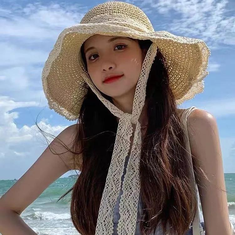 WTEMPO Соломенная шляпа с большими полями, защита от солнца, солнцезащитная шляпа, защита от ультрафиолета, весна-лето, пляжная, приморская, кружевная, рыбацкая шляпа