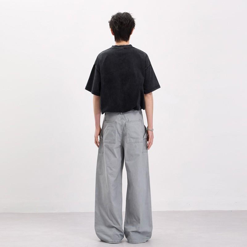 Mens Vintage Cargo Pants With Zippered Flap Pockets Straight Fit Cotton Workwear Trousers Casual Daily Wear