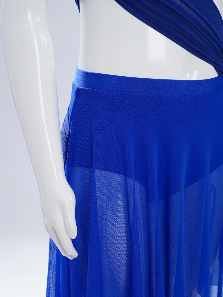 Платье для лирического танца для девочек, цельное, без рукавов, с прозрачной сетчатой вставкой, лоскутное, с асимметричным подолом, костюм для выступления