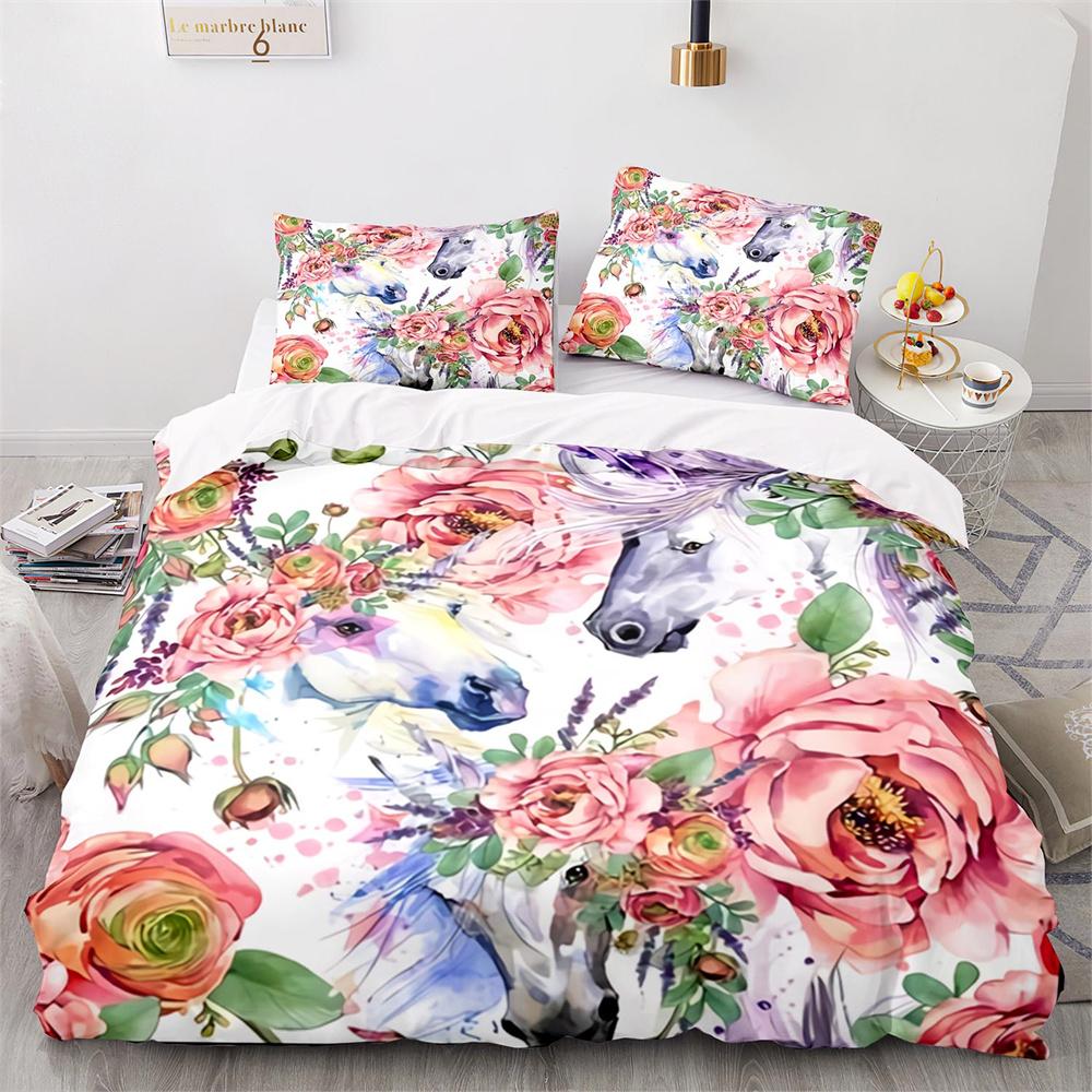 Cute Couple Of Pony Duvet Cover Set 3D Unicorn Pony Horse Polyester Quilt Cover With Pillow Shams For Kids Adults Bedding Set