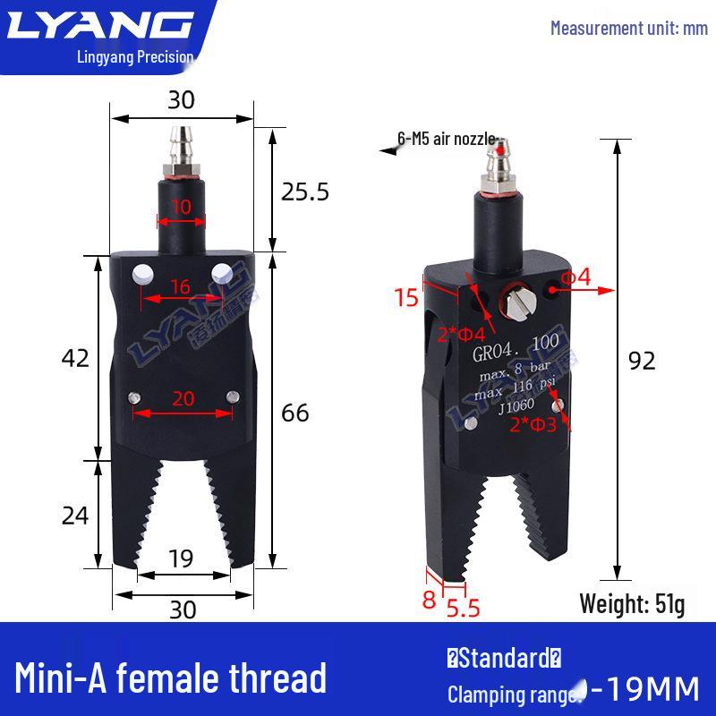 Pneumatic Mini Grippers: A/B/C/E Robot Arm Clamps for Injection Molding (J1060/J1080).