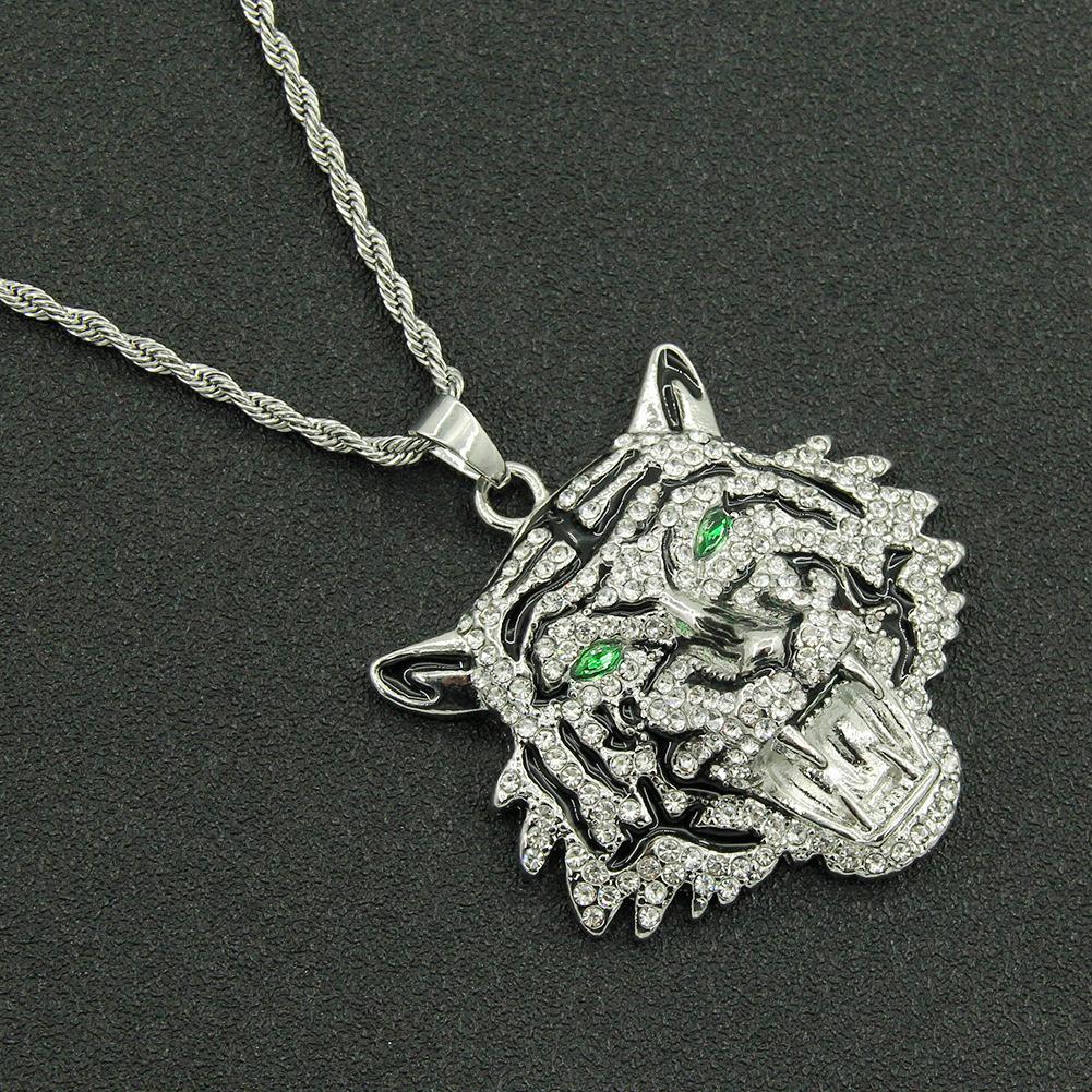 Exaggerated Green Eyes Tiger Head Pendant Necklace Men's Cool Nightclub Disco Accessories Pendant