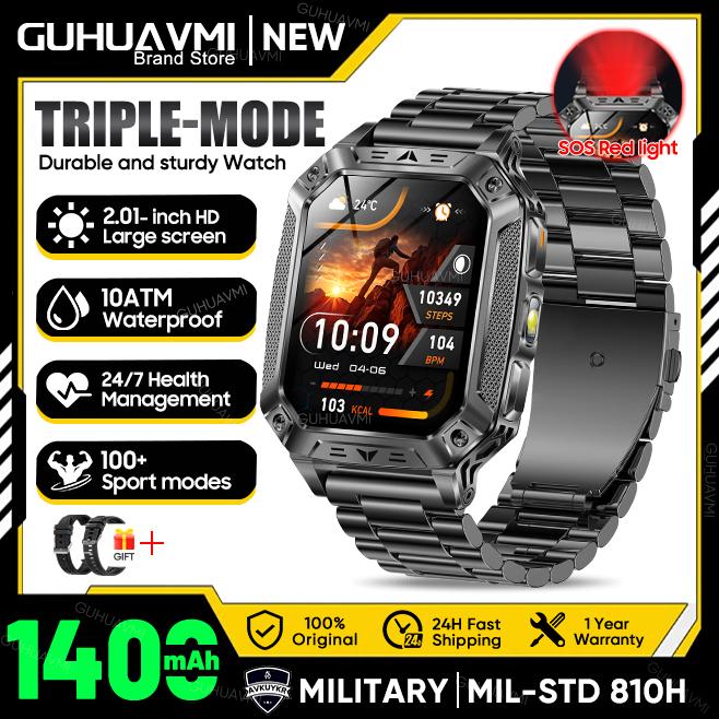 New Military 1400mAh Battery Smart Watch 2.01-inch AMOLED Screen LED Flashlight Waterproof BT Call Sports Smartwatch Men