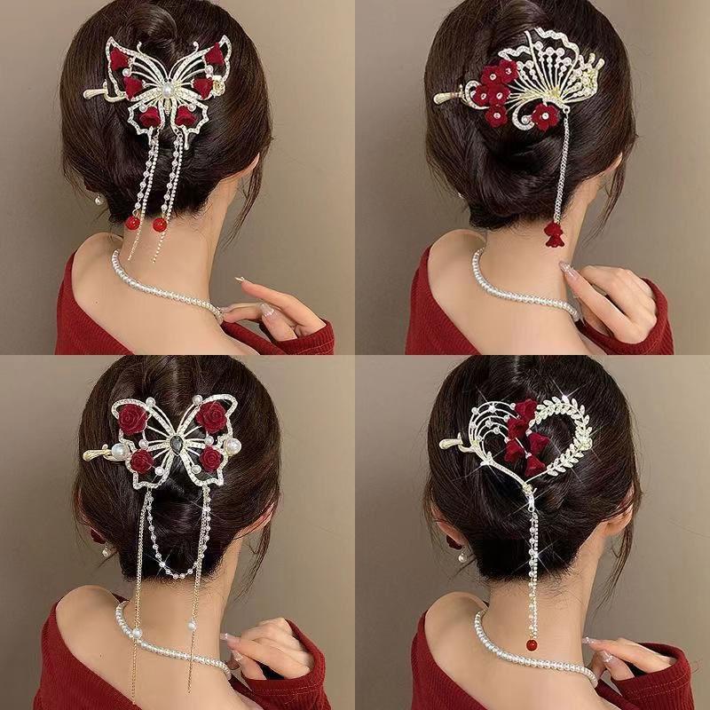 Женская красная кисточка с цветком, жемчуг, изысканная заколка-автомат для волос для женщин, рождественские заколки, зажим для волос, головной убор для невесты на Новый год