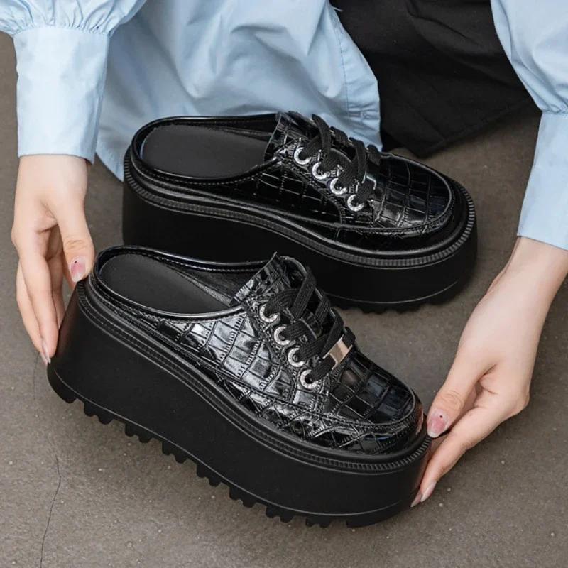 Fashion 8cm 2025 Patent Microfiber Leather Women Slipper Sandals Shoes High Brand Fashion Platform Wedge Flats Summer Lace Up