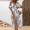 Fashion Hollow Short Sleeve Casual Loose Dress Women Elegant Print High Waist Sexy Summer Dress Women V Neck Slim Fit A Line Vacation Long Dress 26173