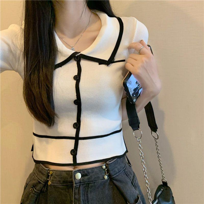 Футболка с короткими рукавами и воротником-поло для женщин, летний дизайн, облегающий короткий топ, топ Spicy Girl