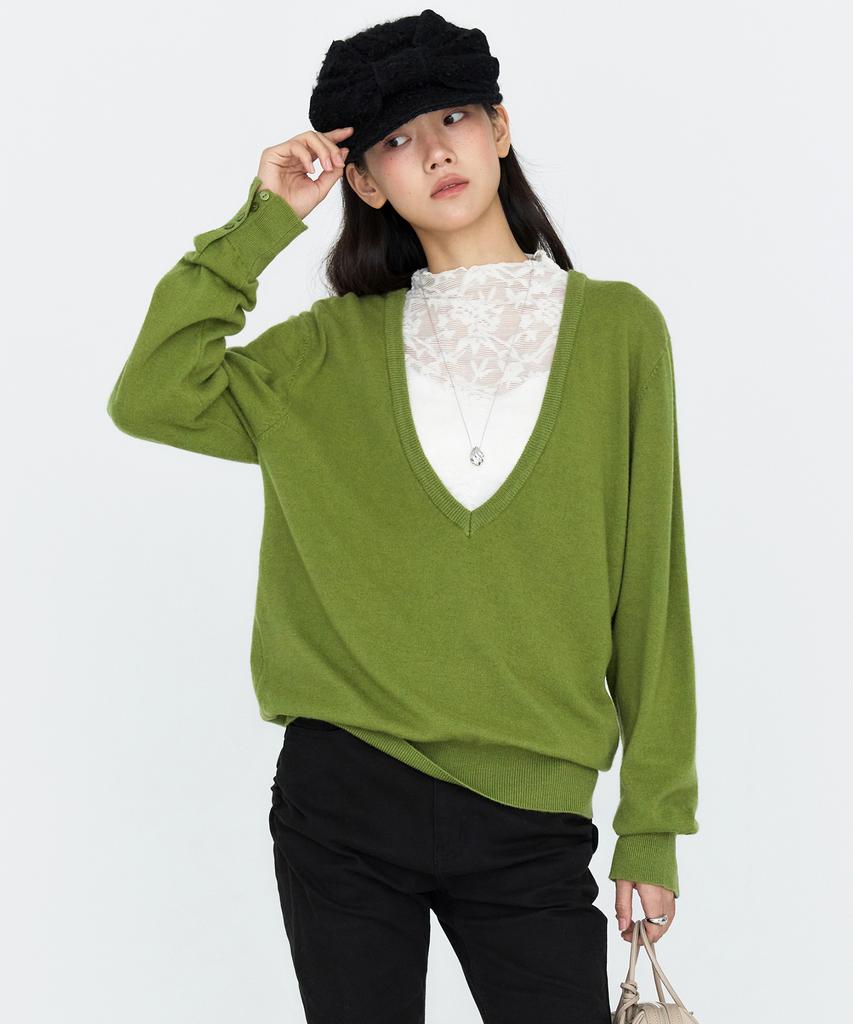 MONGDOL Wool Cashmere Deep V-Neck Knit Top Olive Green Mdkt138Ogreen