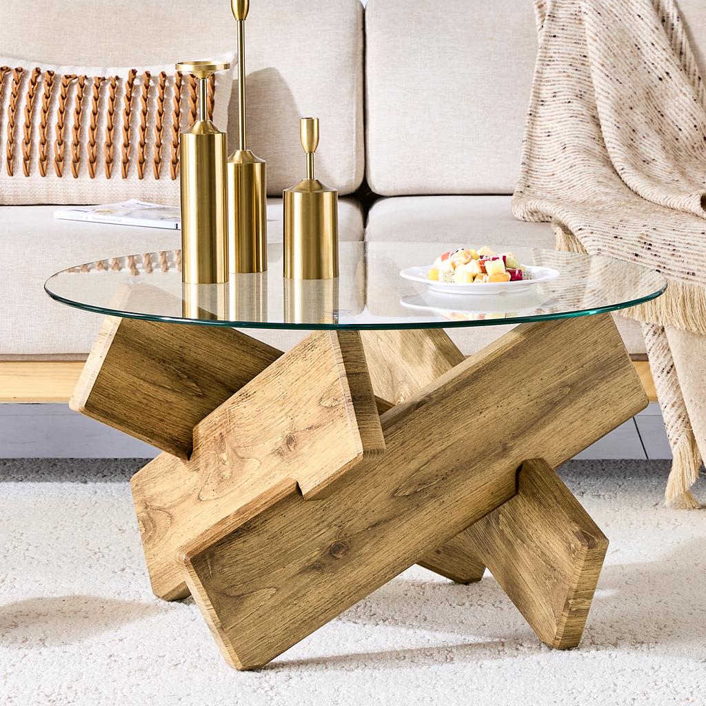 Multi-Color MDF + Glass Round Coffee Table: Creative Cross Wood Frame, Simple and Fashionable. 79cm Diameter, 0.8cm Thick Tempered Glass Surface.