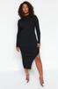Women's Plus Size Dress New Season Fashion Black Accessory Detailed Asymmetrical Cut Knitwear Dress