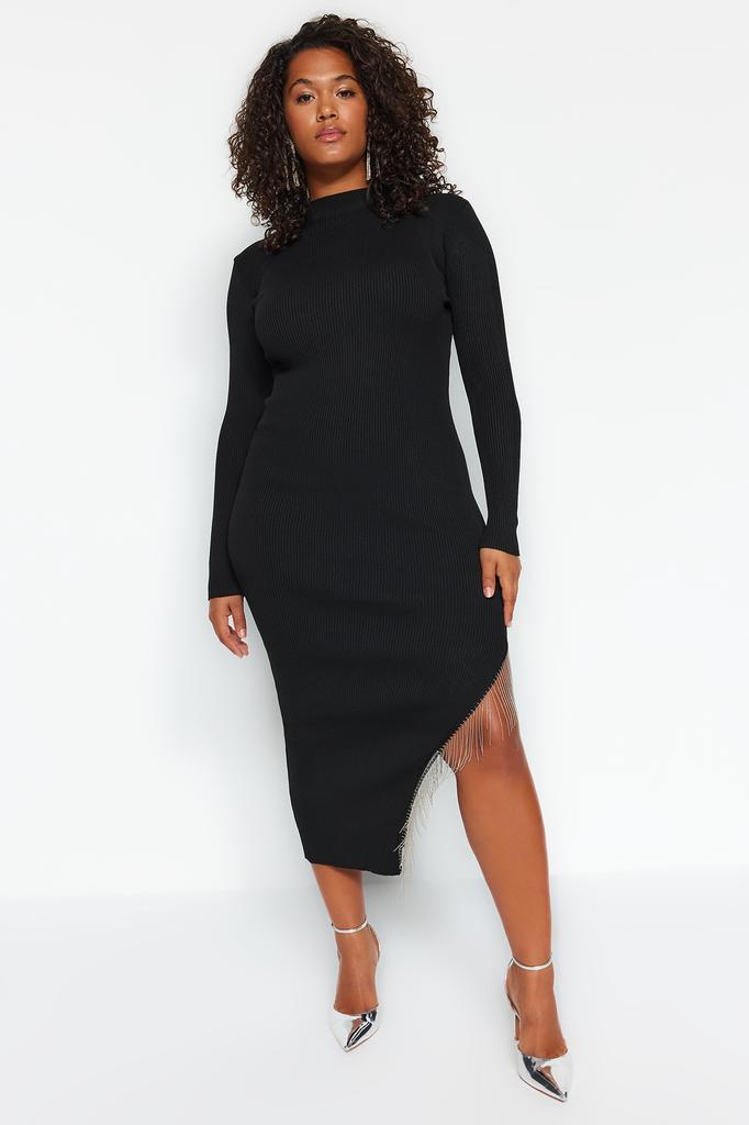 Women's Style Plus Size Asymmetrical Cut Knitwear Dress with Black Accessory Detail