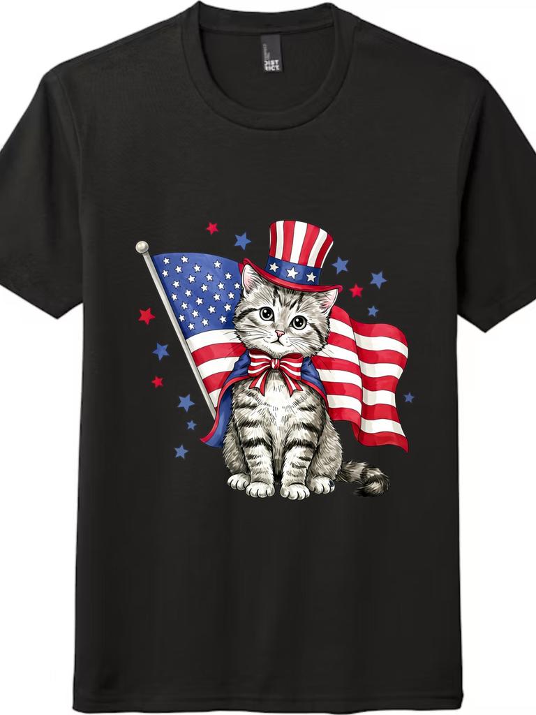 Patriotic Cat American Flag 4th July Summer Outdoor Casual Unisex T Shirt