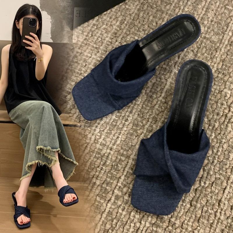 New Style Shoes Square-toed Shoes Thin-heeled One-strap Slippers Versatile High-heeled Sandals Slippers