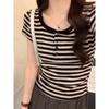 American Retro Striped Contrast Color Right Shoulder T-Shirt Women's Short Sleeve Spring and Summer Design Slim U Neck Short Flying Sleeves Short Top