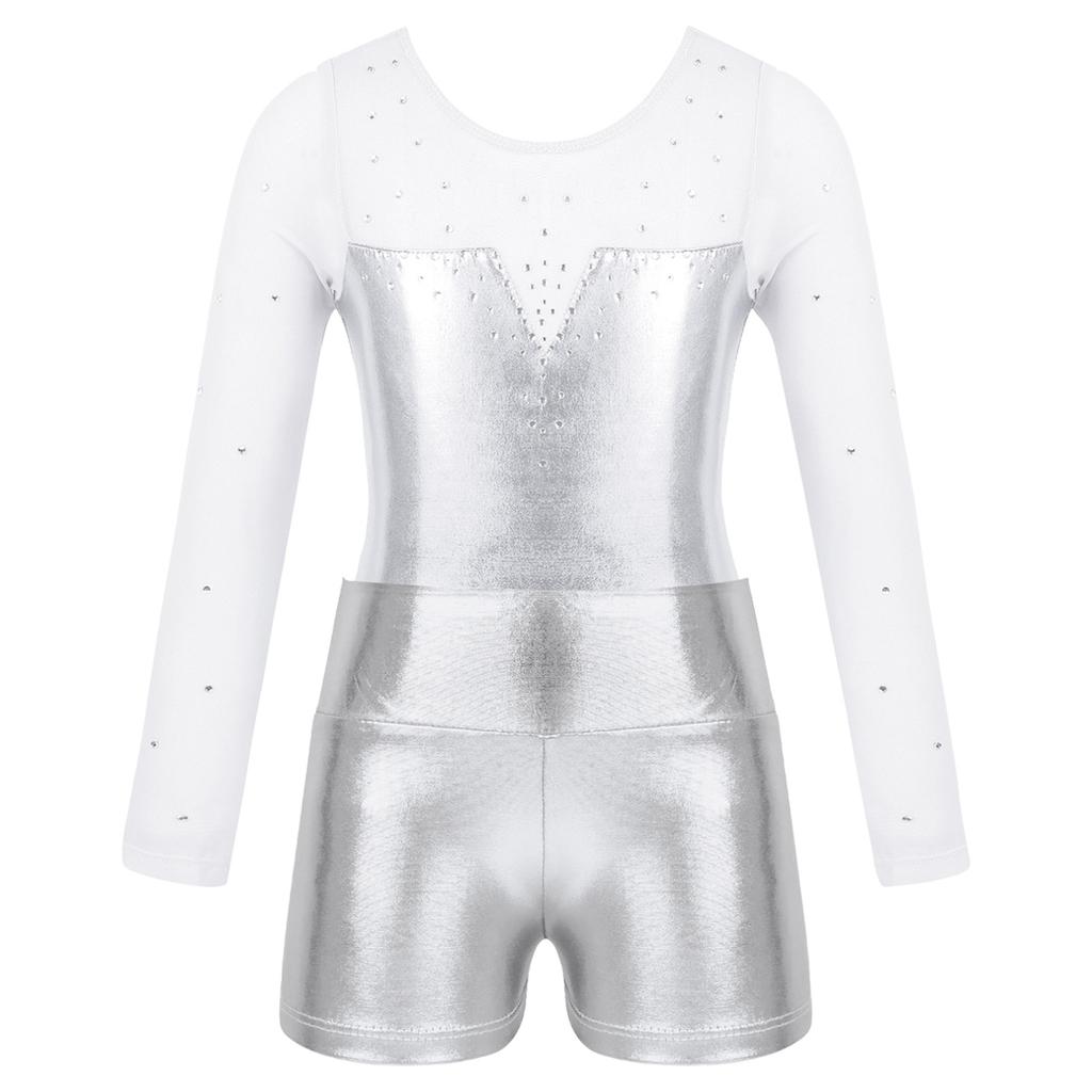 Детский блестящий спортивный танцевальный купальник металлик с длинными рукавами для девочек и шорты, наряды, балетный комбинезон, велосипедки, танцевальная одежда