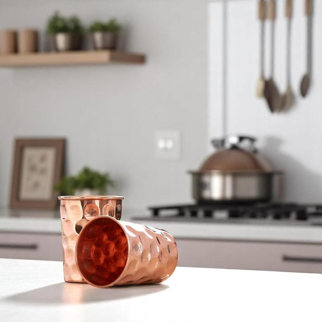 Pure Copper Plain Glass with Diamond Hammered Design, Drinking Serving Water, Yoga Ayurveda, Volume-300 ml, Pack of 2