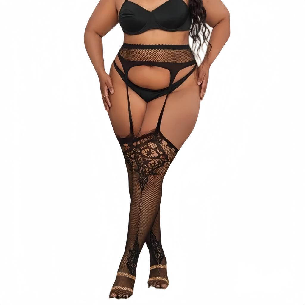 Plus Size Women's Lace Floral Thigh High Pantyhose Fishnet Body Stockings Over Knee Mesh Socks Tights Leggings Bottom