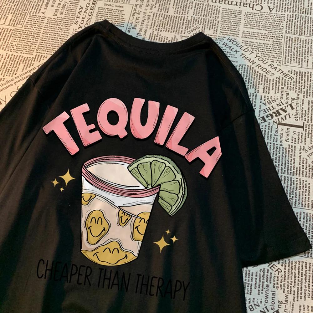 Tequila Cheaper Than Therapy Мужские топы Простота Свободная уличная одежда Творчество Футболки с круглым вырезом Футболка с круглым вырезом для женщин
